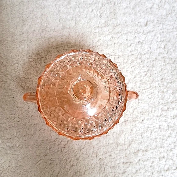 Holiday Pink Buttons And Bows Sugar Bowl And Lid Jeannette Glass 1940s - Picture 2 of 4